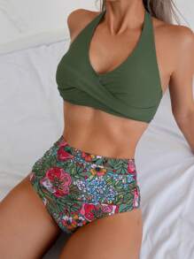 SHEIN Swim 1 套女士纯色交叉吊带比基尼上衣和花卉印花三角比基尼套装适合度假/海滩夏季 - 彩色 - 查看 1