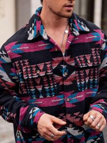 Manfinity VCAY Men's Thick Lined Collared Button-Up Casual Shacket, Slim Fit, Suitable For Autumn - Burgundy - View 2