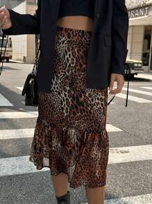 Chiquease 优雅棕色豹纹荷叶边下摆 A 字裙 - 棕色 - 查看 1