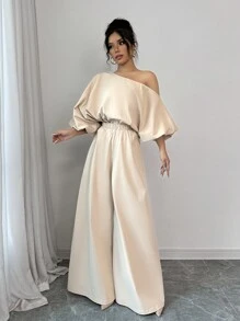 Firerie 女士 2 件套纯色不对称领上衣和松紧腰裤，优雅 - 彩色 - 查看 4