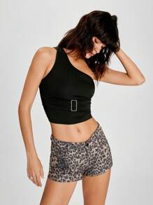 SHEIN EZwear 1 件女式休闲修身无袖短款纽扣上衣，夏季 - 黑色 - 查看 1