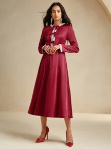Anewsta 女士蝴蝶结水钻装饰缎面中长连衣裙，优雅圣诞装 - 紅色 - 查看 5