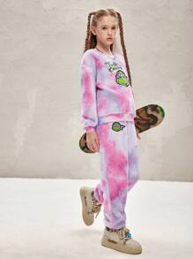 TEENAGE MUTANT NINJA TURTLES | SHEIN Tween Girl Cartoon Turtle Graphic Tie-Dye Oversized Teddy Sweatshirt & Pants Set