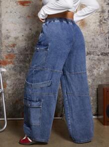 SHEIN ICON Quần Jeans Cargo Cạp Rút Cỡ Lớn Thường Ngày Giặt Sạch - Màu xanh lam - Xem 2