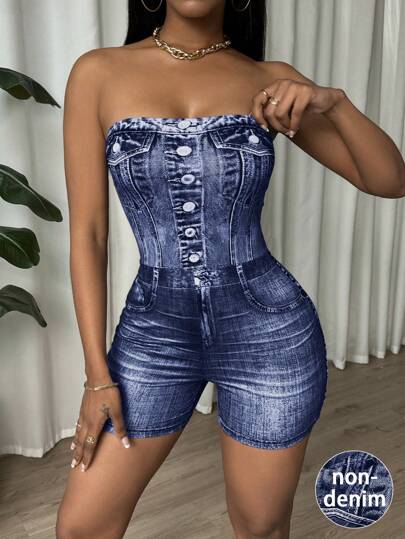 BamGleam Fangni Denim Effect Full-Body Printing Jumpsuit With Strapless Corset Design