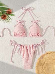 Sexy Pink Knitted Flower Rope Bow Ladies Bikini Set Summer - Pink - View 1