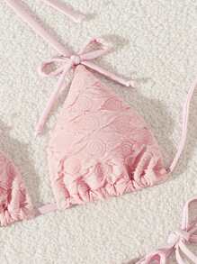 Sexy Pink Knitted Flower Rope Bow Ladies Bikini Set Summer - Pink - View 3