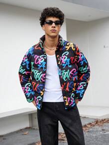 Manfinity VCAY 字母涂鸦印花立领夹棉大衣，适合冬季外出，涂鸦彩色泡泡大衣，送给朋友，老公，男朋友的礼物 - 彩色 - 查看 2