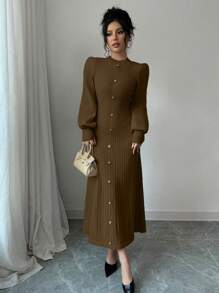 Elenzga 女士休闲纽扣装饰腰部合身针织毛衣连衣裙，秋冬 - 棕色 - 查看 6
