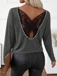 SHEIN Clasi Áo thun ren hở lưng họa tiết bướm tay dài cho nữ, áo thun họa tiết mùa thu dành cho nữ vào mùa xuân - Màu xám đen - Xem 1