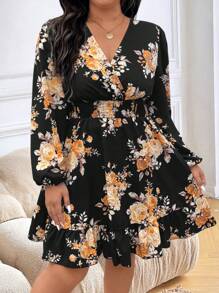 SHEIN LUNE Plus Size Floral Print Lantern Sleeve Dress, Elegant For Autumn Fall Cloth For Women
