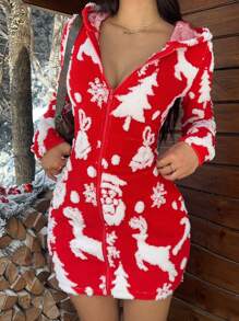 Muchica Áo khoác Giáng sinh Jacquard trùm đầu cho nữ mùa đông vừa vặn - Đỏ - Xem 1