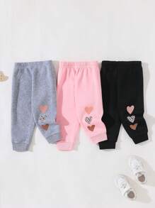 SHEIN Playful Pals 3 Pairs Baby Girl Casual Cute Heart Print Thermal Lined Sweatpants, Suitable For Autumn & Winter - Multicolor - View 6
