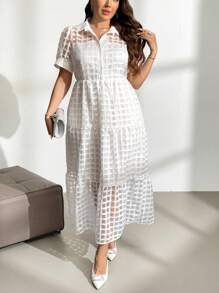 SHEIN Privé 大尺碼白色優雅洋裝，帶衬衫領和蛋糕裙A字設計，修身版型，女士夏季短袖約會連衣裙 - 白色 - 查看 7