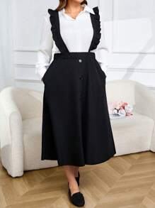 SHEIN LUNE 2pcs/Set Women Plus Size Solid Color Long Sleeve Single-Breasted Blouse And Ruffled Strap Pinafore Dress Elegant Set, Autumn - Black - View 4