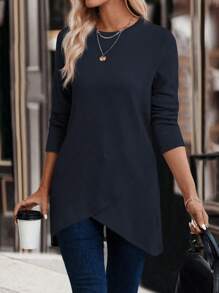 SHEIN LUNE Women's Solid Color Round Neck Long Sleeve Casual Loose T-Shirt, Autumn Fall Cloth For Women