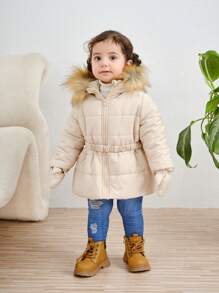SHEIN Baby Girl Warm Thermal Lined Hooded Jacket With Fluffy Collar And Glove Set (Gloves Included), Khaki, Autumn/Winter
