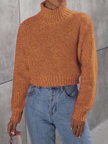 SHEIN Unity Damen lässiger einfarbiger Pullover mit hohem Kragen, Dropped Shoulder und Langarm, für Herbst und Winter - Koralle Orange - Übersicht 6