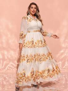 Plus Size Women's Spring Summer Ruched Collar Tie Up Waist Floral Print Elegant Dress - Multicolor - View 4