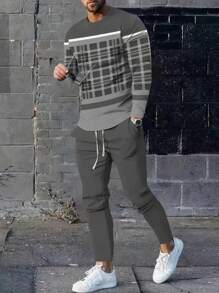 男士休闲格子长袖 T 恤和裤子套装，秋季舒适服装 - 灰色 - 查看 1