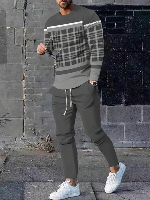 Men's Casual Plaid Long Sleeve T-Shirt And Pants Set, Autumn, Cozy Outfits