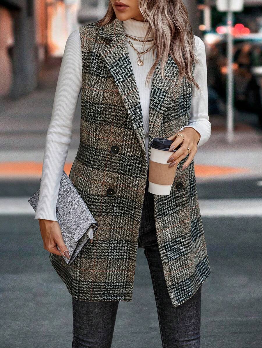 SHEIN LUNE Áo khoác blazer không tay cổ bẻ kẻ caro hai hàng khuy mùa thu cho nữ - Nhiều màu - Xem 1