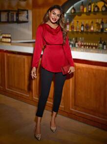 SHEIN Clasi Damska bluzka z długim rękawem w jednolitym kolorze z eleganckim drapowanym kołnierzykiem i gładką satyną