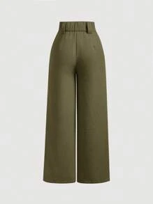 SHEIN MOD 女式纯色褶皱阔腿裤、卡其色女裤、女式阔腿裤、女式工装裤、女式正装裤 - 軍綠色 - 查看 2