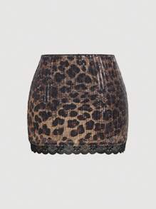 SHEIN MOD Minifalda de cintura baja con estampado de leopardo y decoración de lentejuelas, casual para vacaciones, falda de malla, ropa de mujer hippie, falda metálica