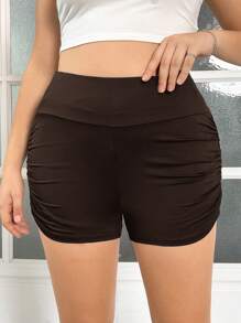 CovetEZ Plus Size Casual Sports Solid Color Ruched Fitted Shorts - Chocolate Brown - View 6