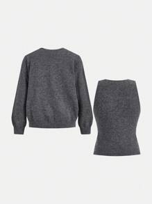 SHEIN LUNE Women Casual Solid Color Basic Cardigan & Tank Top 2Pcs Set, Autumn/Winter Winter Clothes For Women V Neck Sweater Winter Outfits For Women 2 Pieces Sets Ladies,Casual - Dark Grey - View 8