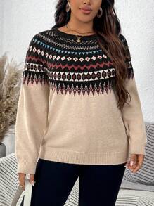 SHEIN LUNE 大码民族图案宽松针织毛衣，休闲日常穿着，秋冬季 - 黑色 - 查看 5