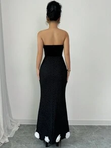 SHEIN Unity 2024 New Autumn/Winter Women's Color Block Floral Open Shoulder Elegant Textured Fishtail Dress - Black - View 3