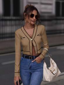 SHEIN Clasi Striped Trim Button Front Crop Cardigan - Camel - View 1