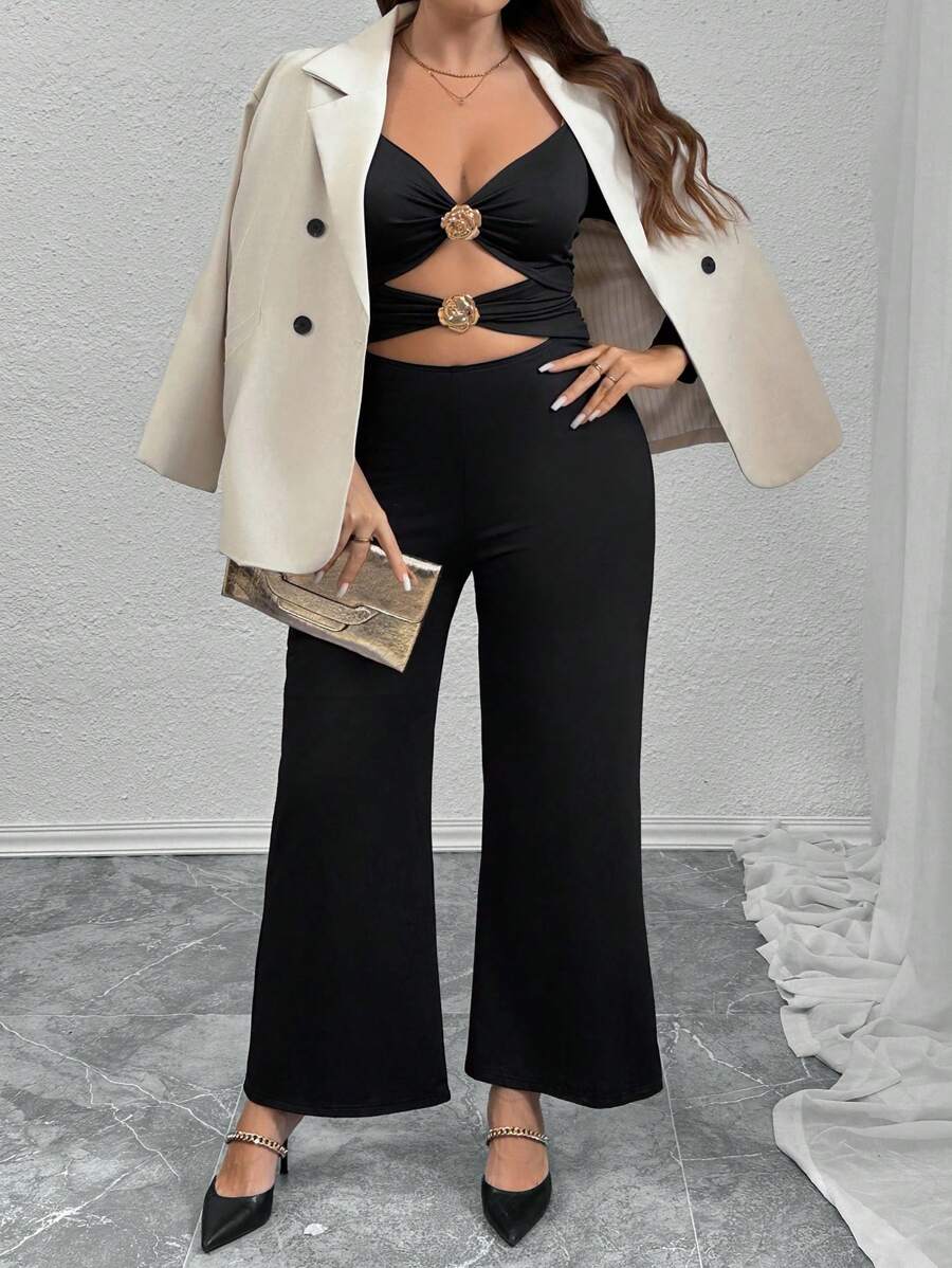 SHEIN Privé Plus Size Cut-Out Metal Floral & Rose Long Sleeve Jumpsuit - Black - View 1