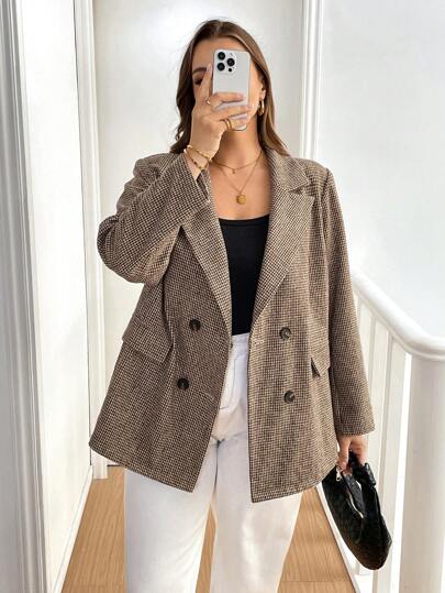 SHEIN Essnce Plus-Size Women's Blazer, Blazer, Coat,Professional Clothes,Women Outfits Women Cardigan Sweater Brown Top Spring