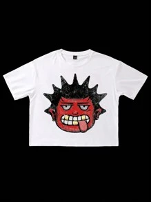 Manfinity EMRG Men Street Style Oversized Funny Cartoon Pattern Textured Red Graphic Print Loose Fit White Short Sleeve T-Shirt, For Rapper, For Going Out - White - View 2