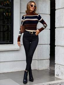 SHEIN LUNE 高领长袖女装条纹长袖紧身针织毛衣，秋装，长袖上衣 - 彩色 - 查看 3