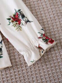 SHEIN Young Girl's Cute Cartoon Rabbit Printed Lace Edge Lantern Sleeve Top With Bowknot Ribbon And Long Pants Pajama Set - Apricot - View 5