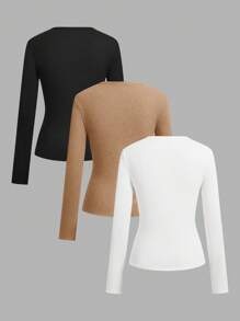 SHEIN EZwear 3pcs Women Y2K Basic Slim Fit Long Sleeve Button-Up Shirt Set