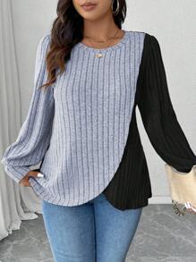 EMERY ROSE Plus Size Casual Color Block Long Sleeve TShirt, Suitable