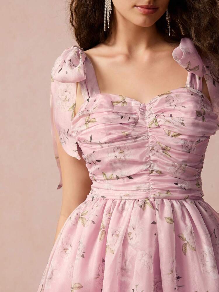 Vestido de mujer con estampado de todo sobre, cordón de ajuste y drapeado