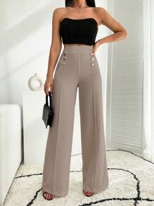 EURMUSE White Wide Leg Pallazzo Pant With Button Detail - Apricot - View 7