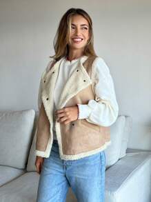 SHEIN Essnce Áo khoác vest Teddy màu nâu chần bông cho nữ có túi và nút, dày, mùa thu/đông - màu nâu - Xem 5