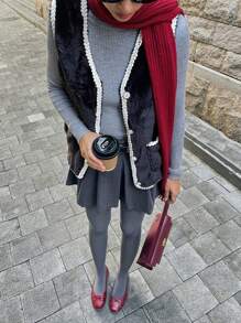 Chiquease Gilet col V à boutons devant avec bordure contrastante, pour l'automne/l'hiver - Noir - Voir 7