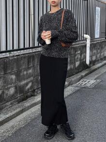FRIFUL Women Casual Solid Color Dropped Shoulder Loose Knit Sweater, Autumn/Winter,Long Sleeve Tops,Fall Women Clothes - Black - View 2