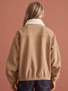 SHEIN Tween Mädchen Jacke in Khaki mit Farbblock, Fellkragen und Reißverschluss, Herbst/Winter - Khaki - Übersicht 2