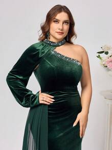 SHEIN Belle 大码优雅天鹅绒拼布泡泡珠连衣裙，适合圣诞节、舞会半正式礼服、生日、婚礼宾客、毕业返校节 - 綠色 - 查看 7