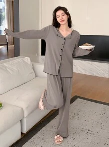 DAZY Simple Front Open Long Sleeve Pajama Set