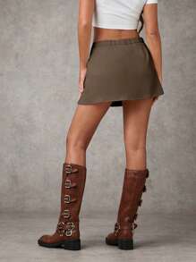 SHEIN BAE Falda mini plisada de color liso y casual para mujer, otoño - Café integral - Ver 4